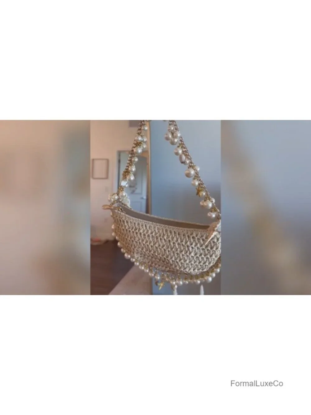 Woven Straw Shoulder Bag with Pearl Handle Beach Vacation Purse